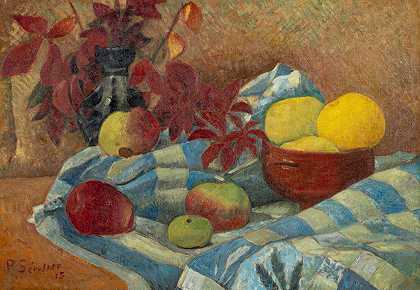 蓝色瓷砖桌布上的苹果静物和树叶花束D秋天 – 保罗·塞鲁塞尔