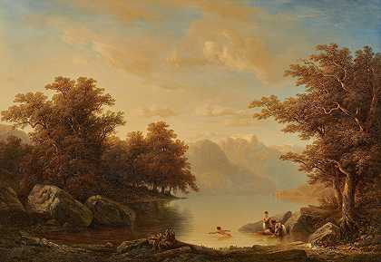 有湖和游泳者的风景，1850年 – 弗朗索瓦·迪代–