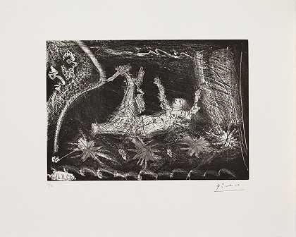 舞台上：一个留着胡须的家伙在床上刺伤一个女人（b.1421；ba.1449） – 毕加索