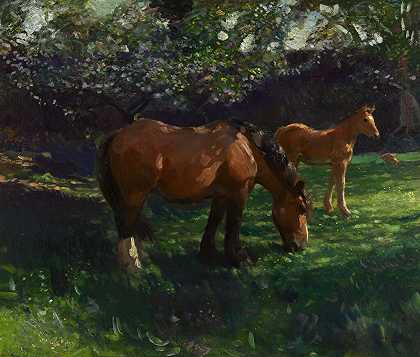 春天，苹果开花，母马和小马驹在一起 – 阿尔弗雷德·詹姆斯·穆宁斯爵士-P.R.A.-R.W.S.-P.R-
