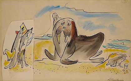 海滩上的海象（为“玛丽娜”绘制的草图） – 路德维希·贝梅尔曼