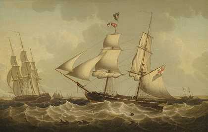 一艘英国双桅帆船和护卫舰，在默西河口附近 – 罗伯特·萨蒙-