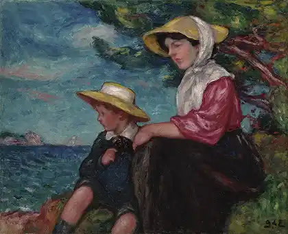 坐在海边的女人和男孩 – 乔治·德斯帕纳特