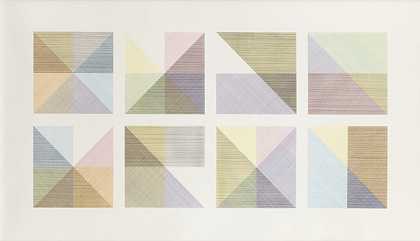 每半个正方形（垂直和水平分割）中有八个不同颜色的正方形 – 索尔-莱维特