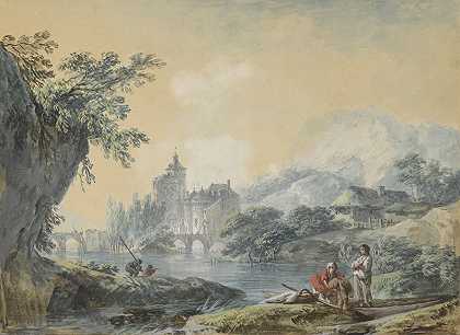 以城堡为背景的河流景观 – 归功于亚历山大·让·诺尔-