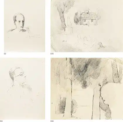 四张图纸：（i）马塞尔·朱汉多肖像（ii）马塞尔·阿尔兰侧面肖像（iii）带房屋和人物的景观（iv）树木研究 – 玛丽·劳伦辛