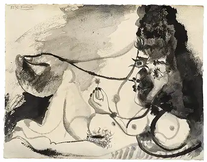 裸体躺着抱着一朵花-裸体躺着的正面，人物和两只鸽子-背面 – 毕加索