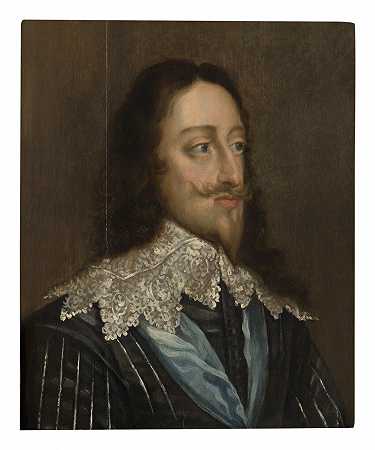 查尔斯国王一世（1600-1649）的肖像，胸围长，黑色紧身上衣，白色蕾丝衣领，脖子上系着蓝色吊袜带 – 安东尼·范戴克爵士的追随者-