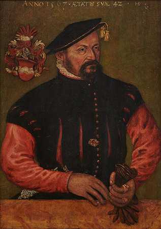 1567年，一位绅士在大理石窗台前拿着手套的肖像 – 会标-H-V–