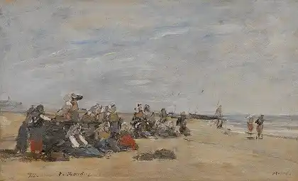 伯克，一群坐在罢工现场的渔民 – EUGÈNE-BOUDIN
