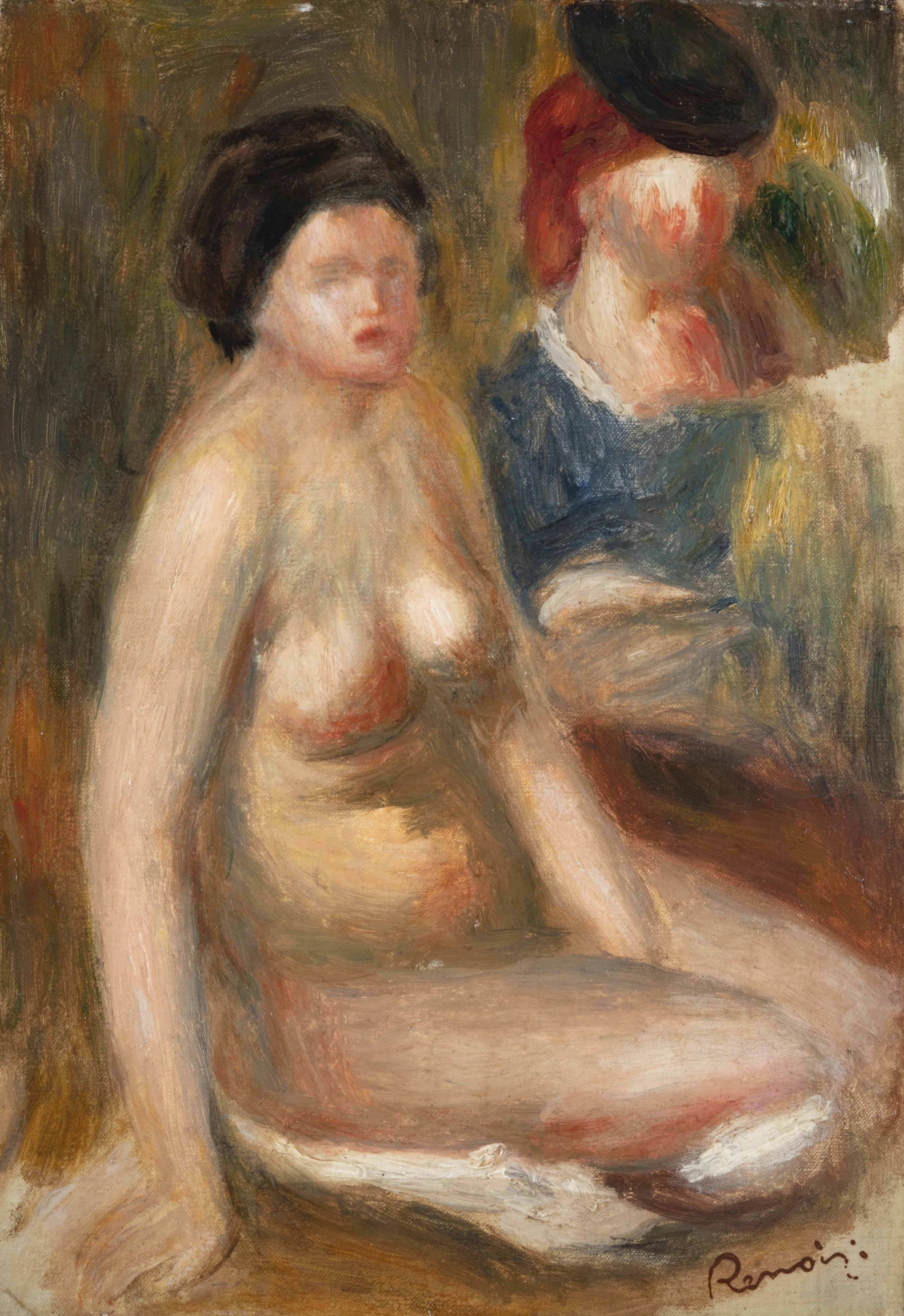 裸体女性坐姿与女性书房 – 皮埃尔-奥古斯特-雷诺阿