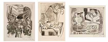 三幅蚀刻画：（I）美杜莎头像；（二） 两个花瓶，上面有花；（三） 梨的静物画 – 艾米尔菲拉-