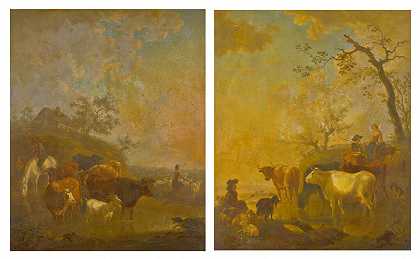 一对牧人和牛群浇水的田园景观 – 让-巴蒂斯特-德-罗伊-