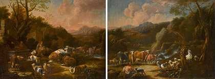 一对母子带着马、牛和羊在风景中的喷泉旁；一个牧民带着牛、羊和山羊在瀑布边的风景中 – 归因于约翰·海因里希·罗斯-
