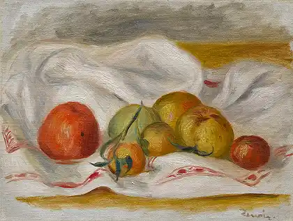 白色桌布上的橙色和水果（静物） – 皮埃尔-奥古斯特-雷诺阿