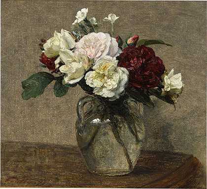 一束各式各样的玫瑰和康乃馨 – 亨利·范丁·拉图尔
