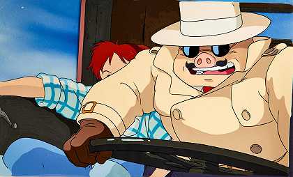 在駕駛的紅豬和菲奥賽璐璐，附手繪原裝背景 – 吉卜力工作室《红猪》