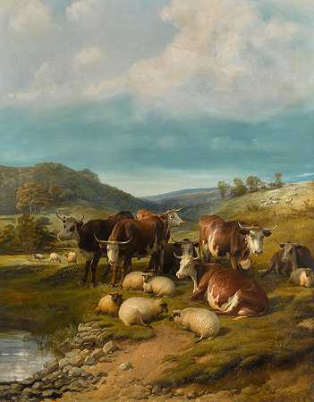 浇水处的牛羊 – Thomas-Sidney-Cooper-R.A。