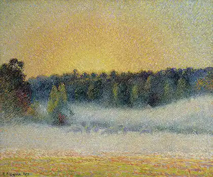 《埃拉尼黃昏薄霧中的草地與牛群》 – 卡米耶·畢沙羅