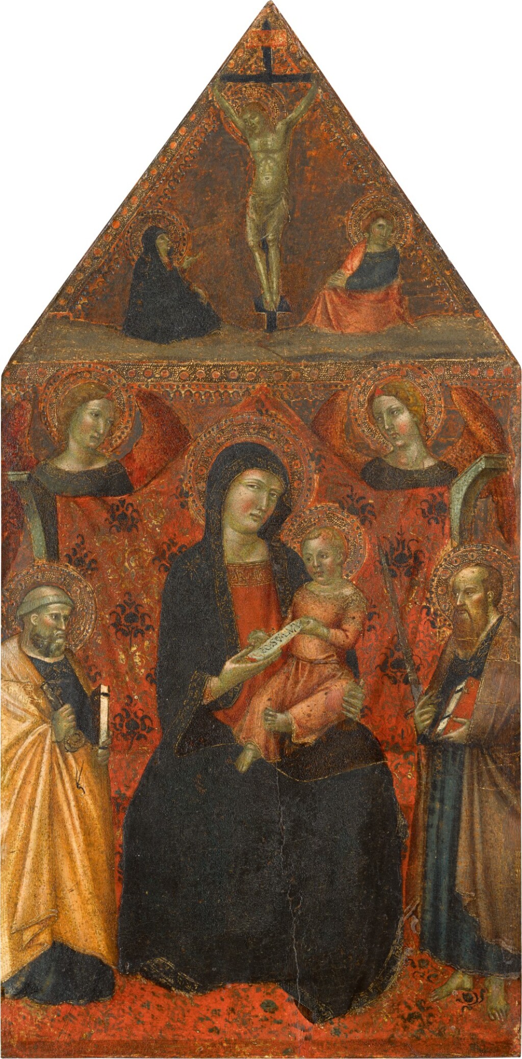 The Virgin and Child enthroned with angels and saints, a Crucifixion above-Follower-of-Pietro-Lorenzetti