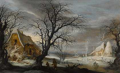 一幅冬季风景画，画中有人物，两个农民在采集木材，两个骑着雪橇 – Gysbrecht Leytens