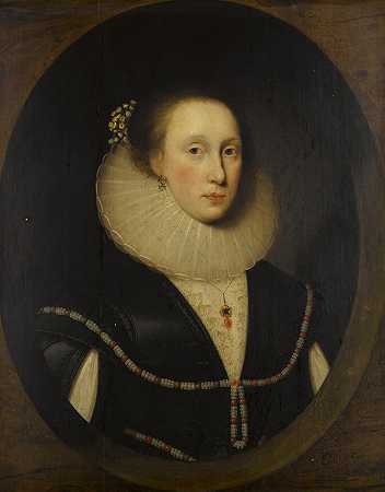 凯瑟琳·莱维森夫人（1598-1674）的肖像，半身，穿着黑白连衣裙，白色褶边和珍珠绳 – 科尼利厄斯·约翰逊（又名科尼利斯·詹森·范·休伦）