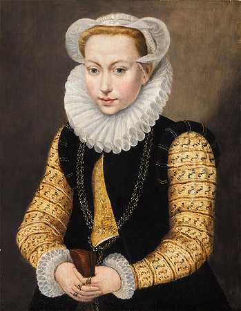 一位女士的肖像，四分之三长，穿着黄黑色刺绣连衣裙，戴着金项链，戴着手套 – 南荷兰学校大约1580年