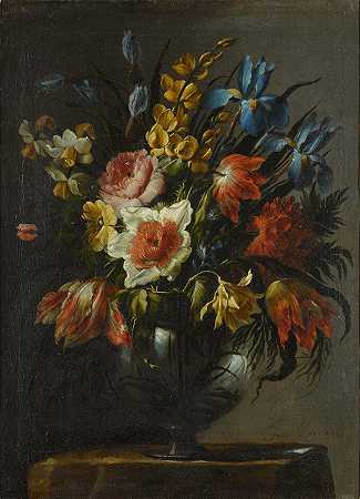 玻璃花瓶中的花卉静物，包括郁金香、鸢尾和水仙花 – 胡安·德阿雷亚诺