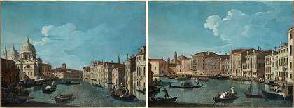 威尼斯，大运河的景色，圣玛丽亚大教堂的礼炮；威尼斯，圣基亚拉运河的景观，沿着大鳄鱼基金会向东南看 – 贝尔纳多运河