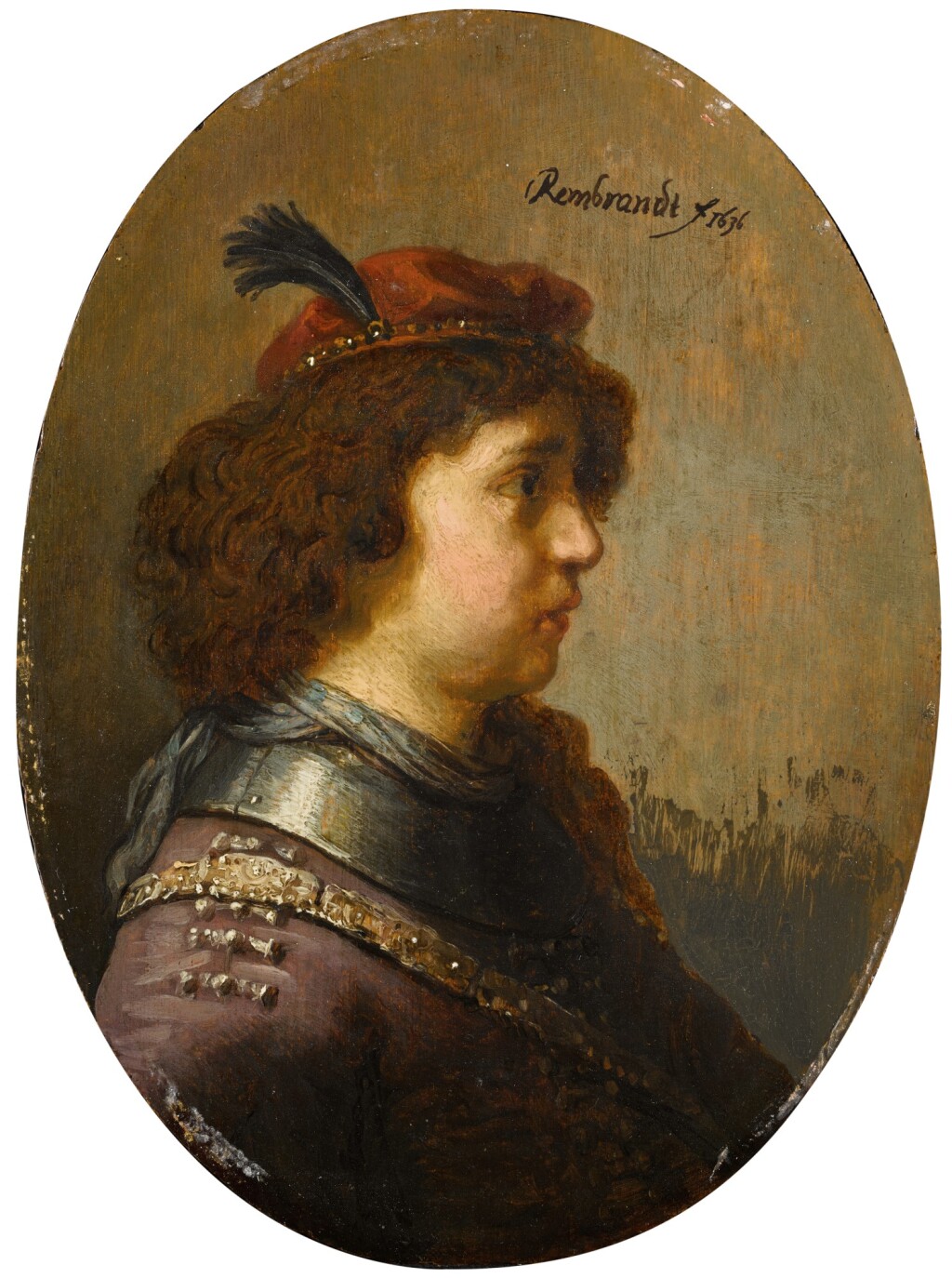 一位身穿盔甲、头戴红色羽冠的年轻人的肖像 – 伦勃朗·哈门斯的风格。范莱茵