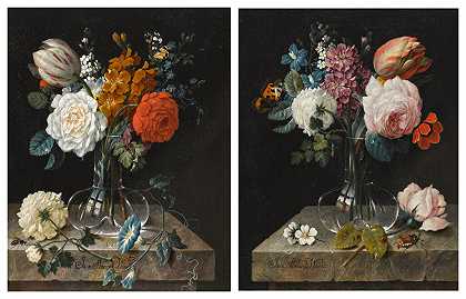 石桌上玻璃花瓶里的一对花卉静物 – 约翰·阿曼达斯·温克