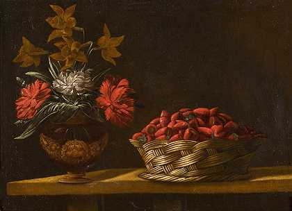 桌面上有一瓶花和一篮草莓的静物画 – 17世纪西班牙学校