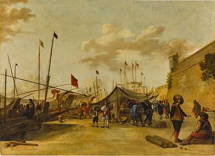 地中海港口，有贸易驳船和荷兰船只 – 热那亚学校——17世纪