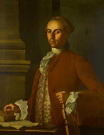 一位建筑师的肖像，半身，身穿红色外套和白色高脚杯，手持一对圆规，站在一根柱子前 – 卡洛·阿马尔菲