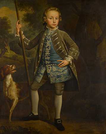 风景画中一个男孩的肖像，全长，旁边有一条狗 – 斯蒂芬·斯劳特的圈子