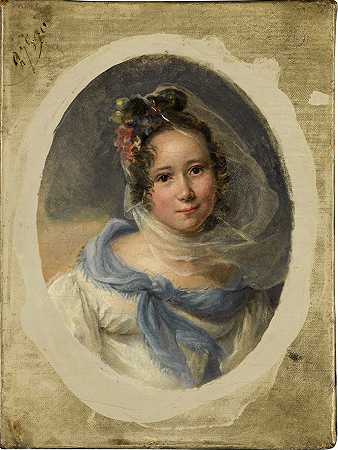 一位女士的肖像，半身，穿着白色连衣裙和白色披肩 – 让·巴蒂斯特·伊莎贝