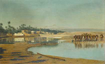 骆驼在沙漠中浇水 – 让·莱昂·格罗姆