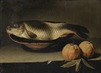 石壁上有一条鲤鱼和两个苦橙子的静物画 – 塞巴斯蒂安·斯托斯科普夫
