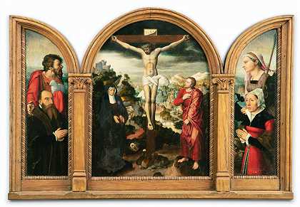 便携式三联画：十字架（中央面板）；圣约翰浸信会捐赠者（左翼）；安提阿圣玛格丽特捐赠者（右翼） – 归因于PIETER-CLAEISSENS-THE-ELDER-（1500-1576）和北荷兰学校-CIRCA-1550-
