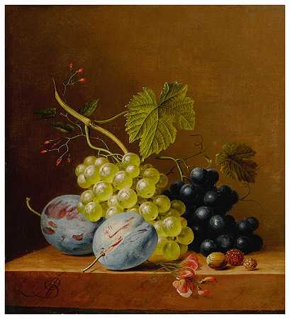 葡萄、李子、覆盆子、花和一颗橡子放在一个木制的窗台上 – 阿诺德斯·布卢默斯