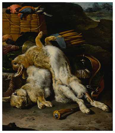 一对兔子和小鸟带着狩猎设备在一片风景中 – Melchior-d#x27；洪流计
