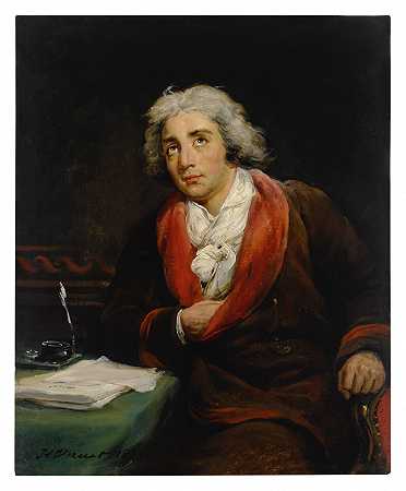 诗人安德烈·切尼尔（1762-1794）的肖像，四分之三长，坐在一张桌子旁，桌上盖着一块绿布，上面有纸和墨水瓶，他的手插在夹克里 – 埃米尔·让·霍勒斯·韦尔内