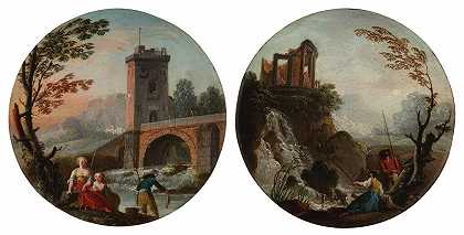 桥下的渔夫和家人；一对夫妇在瀑布底部钓鱼，瀑布上方有废墟 – 查尔斯·弗朗索瓦·格雷尼尔·德拉克鲁瓦（Charles François Grenier de Lacroix）被称为马赛拉克鲁瓦（Lacroix de Marseille）