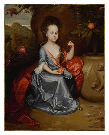 一位年轻女孩的肖像，据信是安妮·康斯拉德，她穿着蓝色连衣裙，披着棕色斗篷，手里拿着一个橘子 – 戈德弗里德·沙尔肯