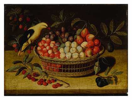 篮子里有樱桃、李子、覆盆子和其他水果的静物画，还有一只黄色的鸟 – 保罗·多里瓦尔