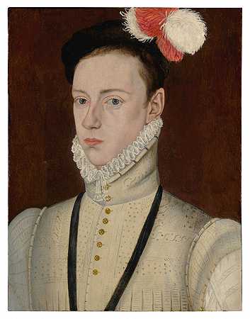 一位男士的肖像，半身长，穿着合身的夹克，戴着褶边，戴着羽毛帽，脖子上系着蓝丝带 – 沃里克伯爵夫人的主人圈