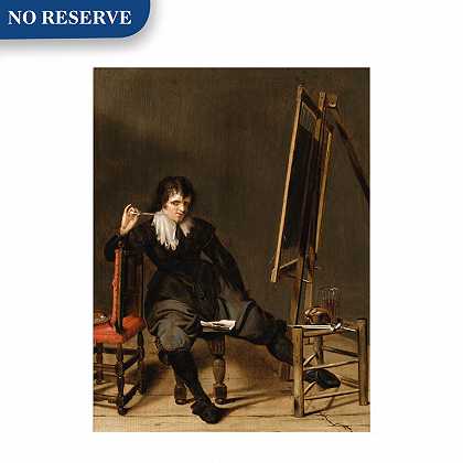 一位艺术家坐在画架前的凳子上，嘴里叼着烟斗 – 彼得·科德