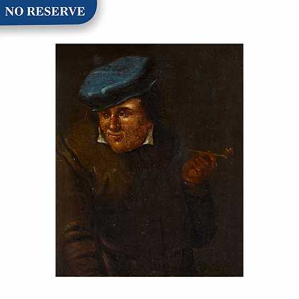 一个戴着烟斗和蓝色帽子的男人的肖像 – 荷兰学校——17世纪