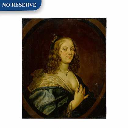 一位女士的肖像，半身，戴着一条带心形吊坠的珍珠项链，画成椭圆形 – 英荷学派——17世纪