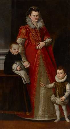 一位女士的肖像，据说是玛丽亚·迪科西莫·托纳博尼和她的儿子弗朗西斯科和尼拉佐·阿尔贝戈蒂 – 托斯卡纳学校约1590-1610